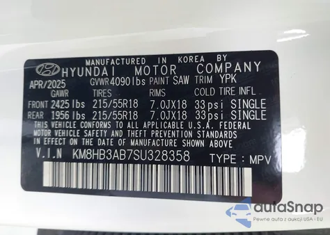 2025 Hyundai Kona Sel z USA, uszkodzony, nr VIN KM8HB3AB7SU328358